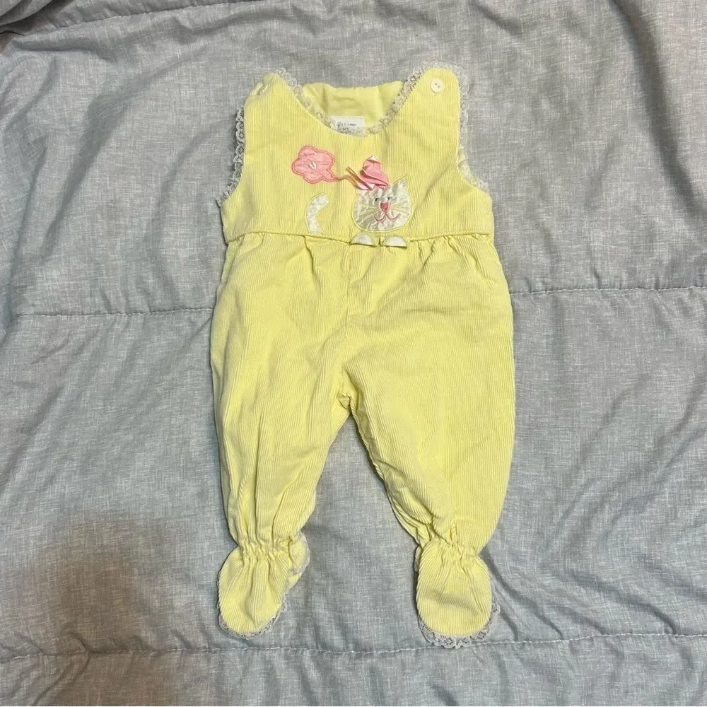 Vintage Baby Yellow Corduroy Cat Cotton One Piece Jumpsuit 0-6 Months